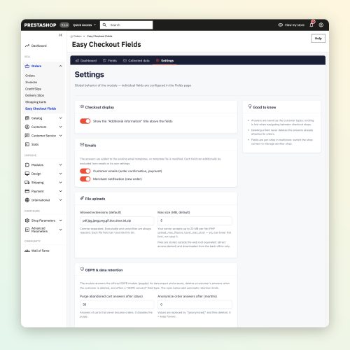 Settings and GDPR tools